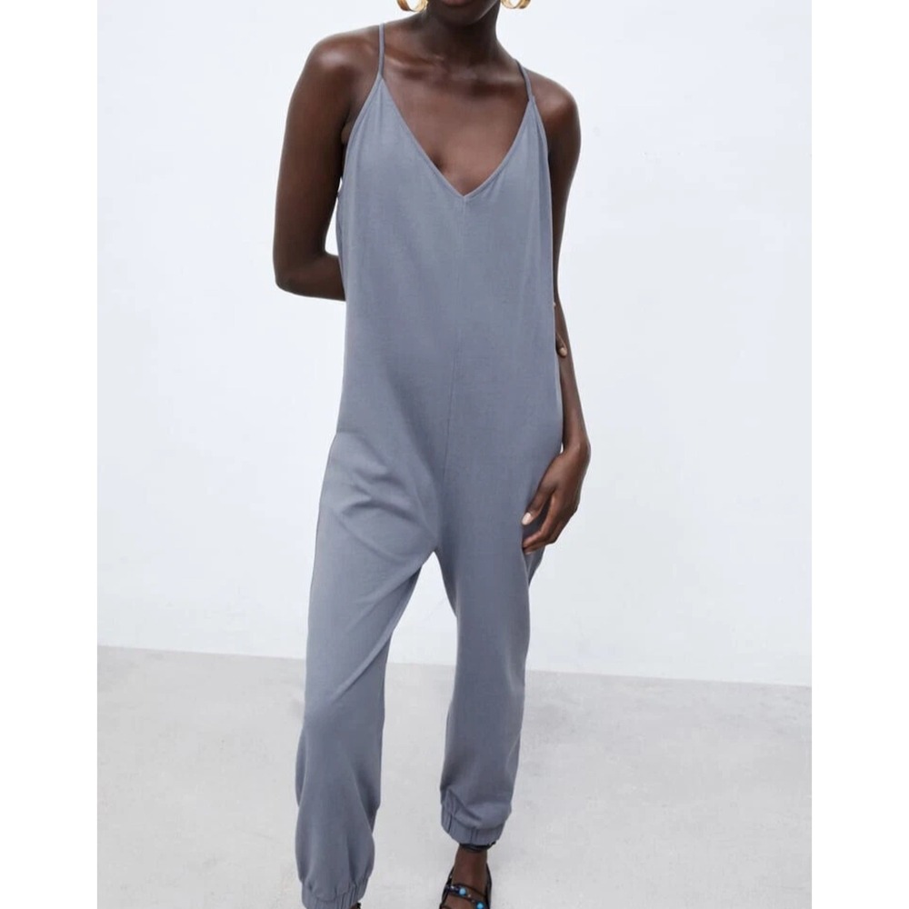 ZARA Women Gray Spaghetti Strap Jumpsuit Tie Back Jogger Style Pockets Small